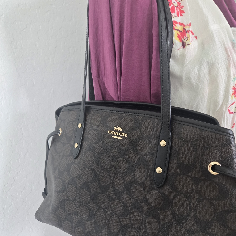 Coach Black/Brown Signature Canvas Tote with Gold Logo